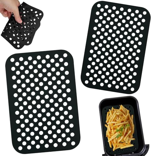 20cm Rectangle Air Fryer Mats, 2 Pack Silicone Liners, Non-Stick, Dishwasher Safe & Reusable, Perforated Food-Grade Silicone for Air Fryer Basket, Easy Clean