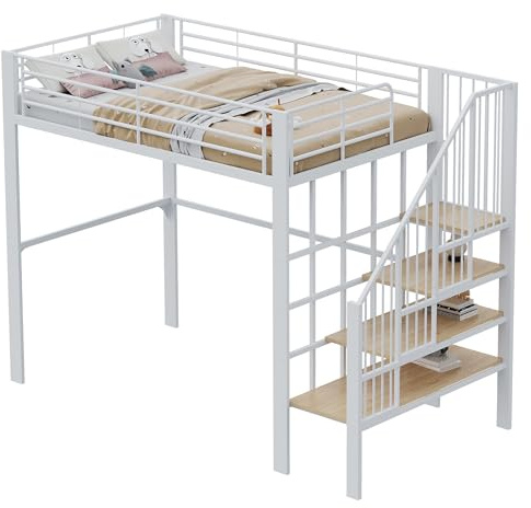 DHWDS Hochbett 140x200 cm Weiß mit 150 kg Tragkraft | Praktisches Stauraumbett mit Treppenschubladen | Robustes Metallbett für Erwachsene, Jugendzimmer und Gästezimmer