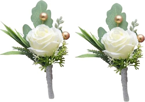 Elzhan 2Pcs Roses Boutonniere for Men Wedding, Groom Groomsman Artificial White Rose Flowers with pins for Wedding Anniversary Celebration,Prom,Party,Home Decoration Artificial Flowers