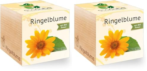 Ecocube Ringelblume, Bio Samen, Nachhaltige Geschenkidee (100% Eco Friendly), Grow Your Own/Anzuchtset, Pflanzen Im Holzwürfel, Made in Austria (Packung mit 2)