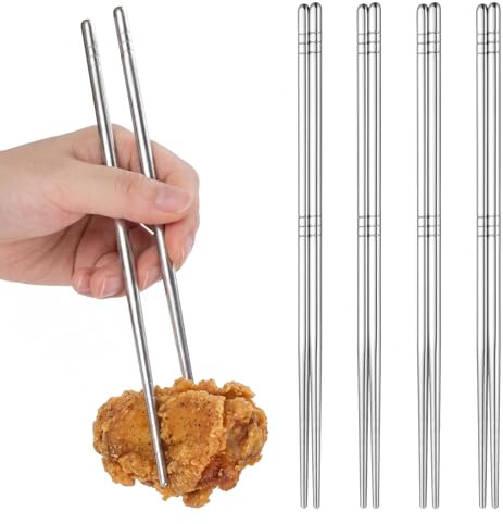 Stainless Steel Chopsticks, 5 Pairs Silver Reusable Chopsticks Metal Cooking Chopstick Lightweight Non-Slip Hollow Chop Sticks for Home Kitchen Travel, Dishwasher Safe