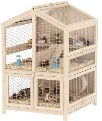 Pawhut Cage Hamster 3 Étages en Bois Bac Amovible 68x61,5x90cm Naturel | Habitat pour Rongeur, Bascule, Bouteille d'Eau, Fenêtre, Cabane, Couvercle Ouvrant, pour Petits Animaux
