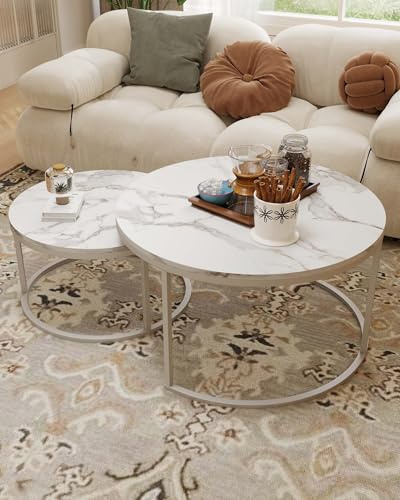 Amveya Runder Couchtisch Silber 2er Set 80+60 cm, Couchtisch Marmor Optik MDF Beistelltische Runder Tisch Wohnzimmer Modern, Metallgestell Silber, Wasserabweisend, Weiß und Silber