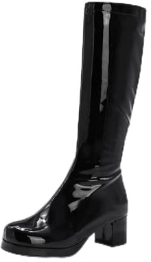 TNMIUH Stivali Alti sopra Il Ginocchio in Vernice da Donna con Tacco Largo, Stivali Gogo Anni 60 70 Retro per Festa a Tema e Carnevale, Nero/Bianco,Nero,41 EU