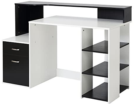 HOMCOM Datorskrivbord med 2 lådor, skrivbord med förvaring, 137 x 55 x 92 cm, öppna hyllor och skrivarplatta, modern stil, datorbord för sovrum, studio, svartvitt
