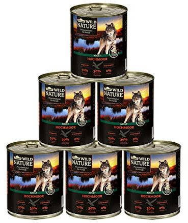 Dehner Wild Nature Hundefutter Hochmoor, Nassfutter getreidefrei / zuckerfrei, für ausgewachsene Hunde, Ente, 6 x 800 g Dose (4.8 kg)