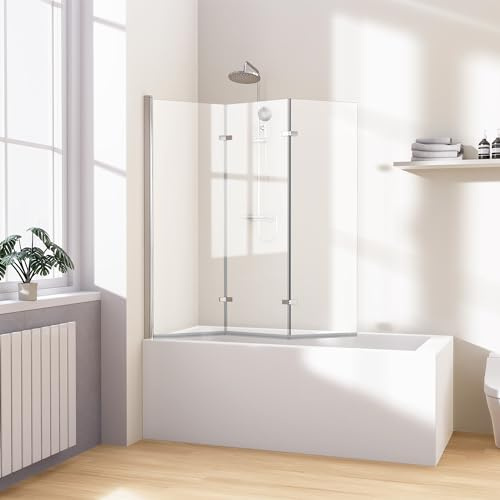 Heilmetz Duschwand für Badewanne 120x140 cm, 3-teilig 180° faltbar, Chrom | 6 mm ESG Glas, 4 mm Hebe-Senk-Funktion, für 1190-1200 mm Einbaumaß, einfacher Reinigung