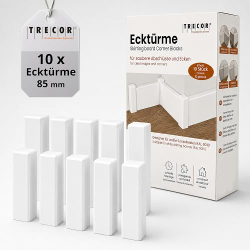 Eckstäbe, Ecktürme, Innenecken Außenecken aus Holz (lackiert) für weiße Sockelleisten, Inhalt: 10 Stück (95 x 21 x 21 mm (E6), weiss)