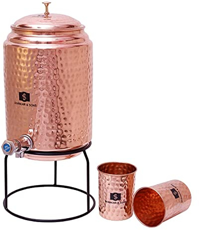 SHN Vedaansh Hammered Water Copper Dispenser Matka Pot Tank with Brass Round Tap, 2 Glass and Iron Stand ,Capacity: 5 Litre
