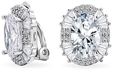 Boucles d'oreilles clip Art Déco style mode formelle fête de vacances nuptiale grand ovale clair zircon cubique baguette halo AAA CZ pour femmes mariage oreilles non percées plaqué argent
