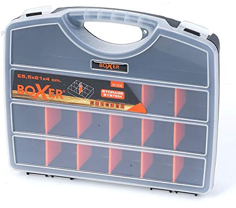 Boxer® Sortimentsbox mit 18 Fächern – 25,5 x 21 x 4 cm – Verstellbare Trennwände – Transparentes Deckel – Schwarz/Orange – PP Kunststoff