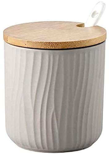 MAGICVOGEL Zuccheriera in ceramica, 8,5 x 8 cm, portaspezie con coperchio e cucchiaio, contenitore per marmellata, per cucina, sala da pranzo, caffè (grigio)
