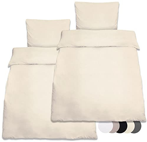 Beautissu 2er Set Renforcé Bettwäsche Set 135x200 cm Julie - Kissenbezug 80x80cm – Bettwäsche mit 2X Bettbezug & 2X Kopfkissenbezug - 4teilige Kühlende Sommerbettwäsche aus Baumwolle in Ecru