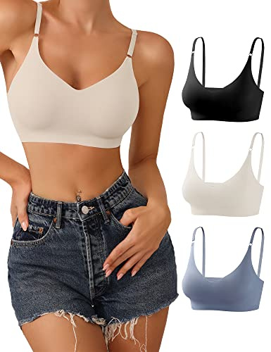 DEANGELMON V-hals bralettes vadderade sömlösa justerbara remmar BH varje dag grundläggande sovande behåar, svart, blå, aprikos, X-Large