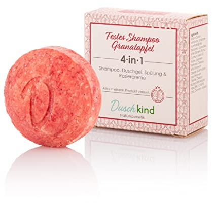 Duschkind Naturkosmetik - Shampoo solido al melograno, gel doccia e balsamo e crema da barba, formula vegana, 1 pezzo, 56 g, per capelli secchi, confezione riciclabile