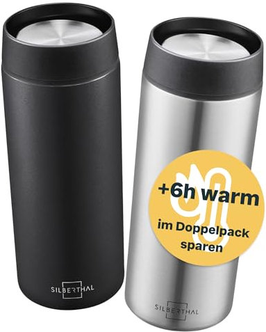 SILBERTHAL Thermobecher 350ml Edelstahl – Auslaufsichere Kaffeebecher to go mit Keramik – Coffee Cup in Silber - Bis zu 6h warm und 12h kalt - Jetzt im Doppelpack