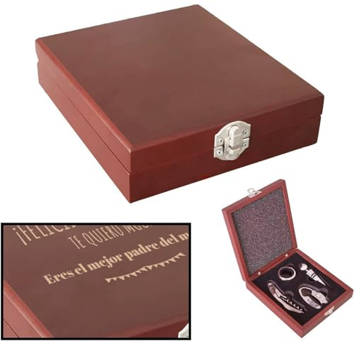 LucaHome - Set de accesorios sommelier con caja de madera para vino - Incluye sacacorchos, corta capsulas, tapón y anillo de goteo - Ideal para regalo (Estuche 4 accesorios personalizado)