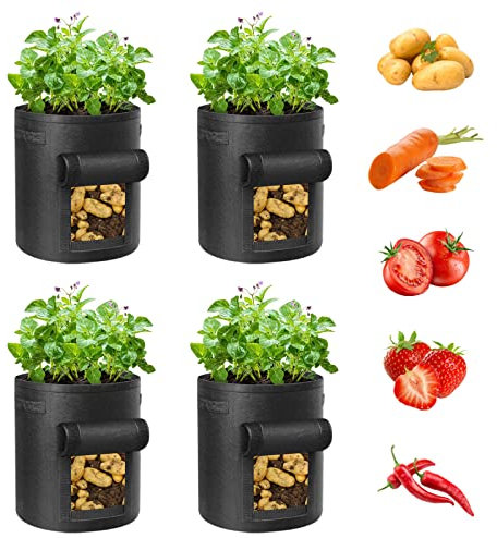Ohiyoo Kartoffel Pflanzsack 10 Gallonen 4 Pack Kartoffelsack Zum Pflanzen, 38 L Pflanztaschen mit Sichtbarer Klappe, Kartoffel Pflanzsack Garten Pflanzbeutel für Gemüse, Kartoffel, Tomaten (Schwarz)