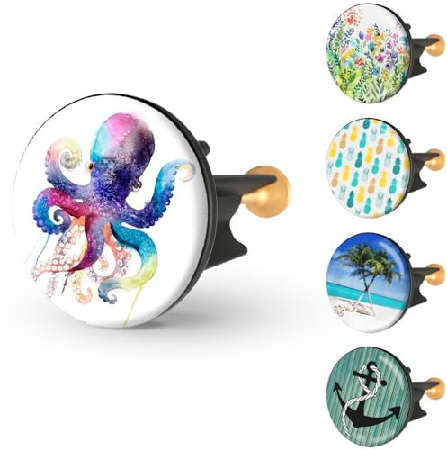 arteneur Waschbeckenstöpsel 40mm mit Motiv Wasserfarben Tintenfisch | Excenterstopfen mit Edelstahl-Kopf, extra schwere Messingschraube für stabilen Halt, höhenverstellbar 65-85 mm, rostfrei