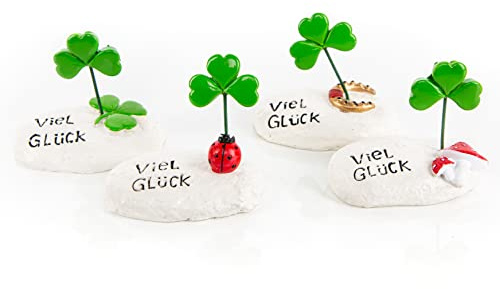 Glücksstein Glücksbringer, 4 Stück: Steine mit Kleeblatt, Hufeisen, Fliegenpilz & Marienkäfer, Silvester & Neujahr, Viel Glück Geschenk für Prüfung, Abitur & Führerscheinprüfung, Mann & Frau, 6,5 cm