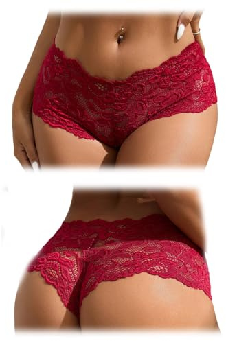 comeondear Dam Stringtrosa Spets Plus Storlek Sexiga Trosor Låg Midja Halvtransparenta Underkläder Sömlösa Trosor Stretch G-String Pack med 2 Mjuk Slip Hipster Thong, B-röd, 4XL