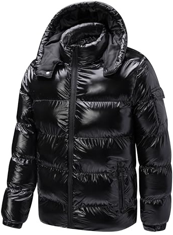 TONY BACKER Doudoune courte d'hiver brillante pour homme coupe-vent imperméable avec capuche amovible zippée, Noir , XL