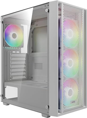 GAMDIAS PC Gamer Boitier, Boîtiers Gaming ATX Moyen Tour Vide, Airflow Mesh Case, 4 Ventilateurs FRGB de 120 mm Intégrés, Verre Trempé Latéral, Blanc
