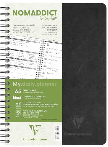 Clairefontaine 782391C Collection Nomaddict (ex Age Bag) Un Carnet à Spirale My.daily.planner Noir - A5 - 250 Pages Détachables Emploi du temps quotidien + DOT - Papier Blanc 90 g - Couverture Carte