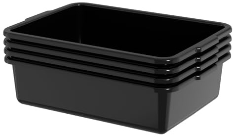 Buyitt Set of 4 Plastic Washing Up Bowl/Commercial Bus Box, 13 L | Shallow Storage Tray, Black Wash Basin