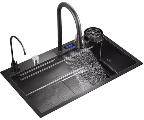 Küchen-Wasserfall-Spüle mit Siphon-Armatur, Digitalanzeige, Wasserhahn, Wohnung, Küche, Dekoration, Spüle, Studio, Bar, Handwaschbecken, Geschirrspülbecken, Waschbecken (Farbe: schwarzer Stahl, Größ