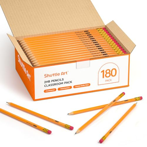 Shuttle Art #2 HB Pencils with Rubbers, 180 Pack Bulk, Sharpened for Kids & Teachers, School Writing Wooden Yellow Pencils Set for Children, Back to School Supplies