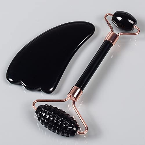 Haussammlung Schwarzer Obsidian-Werkzeug, Gesichtsroller, Gua-Sha-Werkzeug-Sets, Naturstein-Kristall-, Massage, 2 Stück, ohne Box,
