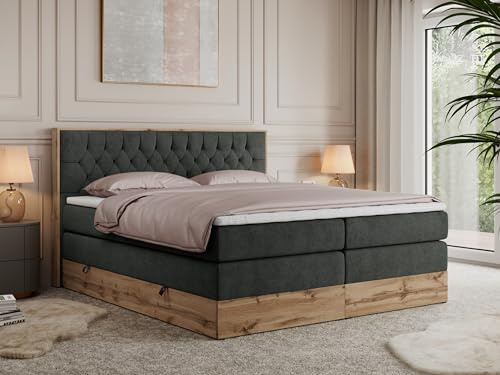 MKS MEBLE King Boxspringbett 180x200 mit Bettkasten und Kopfteil, Bonell Polsterbett mit Matratze H3 und Topper T25, Bett mit Holzrahmen in Wotan Eiche - Dunkelgrau Struktur - Amore King