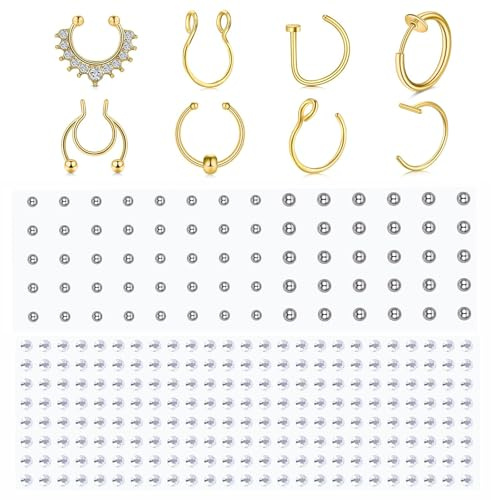 WillTen 8 st fejk näsring & septumpierce med 2 ark näsa stud pinne på ansiktspiercing, falsk näsa dubb klistermärken klämma, silver guld svart, Metall