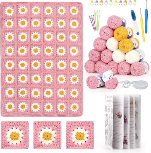 Katech Set all'uncinetto per principianti, 3,5 + 4 mm e 17 pezzi di lana per coperta Granny Squares, tutti gli accessori per l'uncinetto, soffice e bella coperta patchwork calda, 60 x 70 cm, colore: