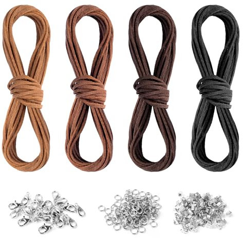 4 Pezzi Faux Suede Cord, 5 m X 3 mm Cordino In Suede, Cordino Finta Pelle con Anelli di Giunzione, Pinze Aragosta e Terminali a Morsetto, Cordini Per Collana per Realizzare Bracciali, Collane