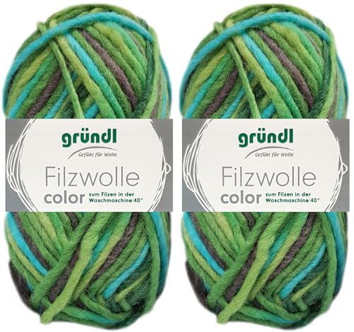 2x50 Gramm Gründl Filzwolle Color aus 100% reiner Schurwolle inkl. Anleitung für Topflappen (41 Grün Schwarz Multicolor)