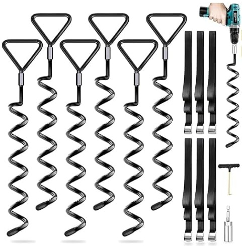 Anclaje de Suelo para trampolín, Paquete de 6 Unidades, Anclajes de Tierra Resistentes, Anclajes de Suelo para atornillar para Camas elásticas, Anclaje al Suelo para atornillar, con Correas