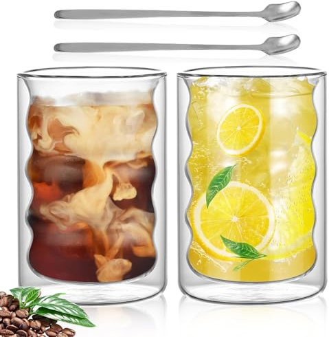 WANDGU Lot de 2 Tasses à Café Double Paroi 375ml Verre Strié 2 Cuillères