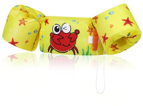 MoKo Kinder Schwimmflügel, Cartoon Schwimmende Badeanzug Schwimmtraining Jacke Schwimmflügel mit Sicherheitsschnalle für Jungen Mädchen, 20 bis 50 lb, Gelbe Krabbe