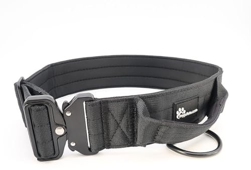 Taktisches Hundehalsband mit Gravur Name + Telefon, Robustes Nylon, Gepolsterte Innenseite, Verstellbar & Mit Griff. Robuste Metallschnalle. Perfekt für Training & Outdoor Schwarz/XL 55-76cm
