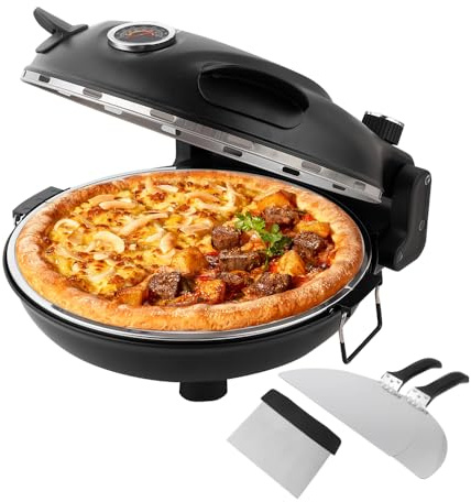 hzexun Elektrisk pizzaugn, 1200 W pizzaugn med stenbas 31 cm non-stick panna, max 420 °C värme, skärare och pizzapadlar bärbar bordsskiva pizzamaskin (svart)