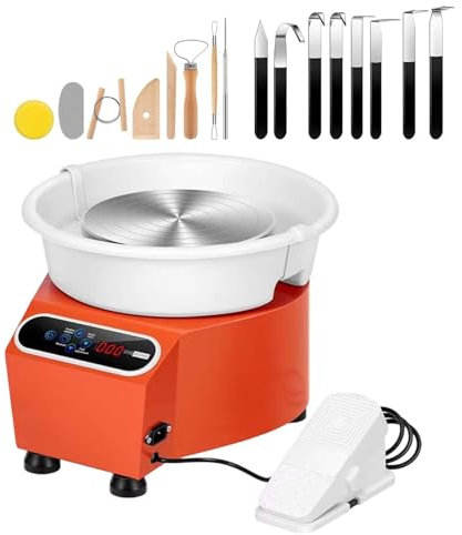 HCAUYNN TöPferset FüR Erwachsene, Drehteller Mit 25 cm Durchmesser, 45°-Winkel, Abnehmbares Spritzbecken, Drehrichtungsumschaltung,Orange