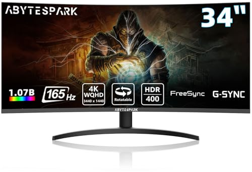 abytespark Monitor de juegos de 34 pulgadas curvado ultra ancho WQHD 4K (3440 × 1440), 165Hz 1500R-PIP/PBP, 1ms (MPRT), HDR400, DCI-P3 95%, FreeSync y G-Sync, 2 x DP 1.4 y 2 x HDMI 2.0