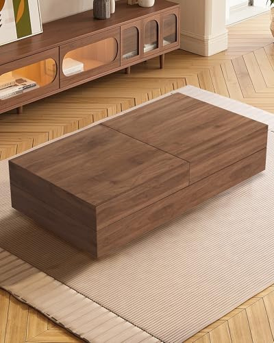 LineCrispton Coffee Table for Living Room - Extendable Center Tea Table with Storage Mid-Century Walnut Low(120 * 70 * 33cm)