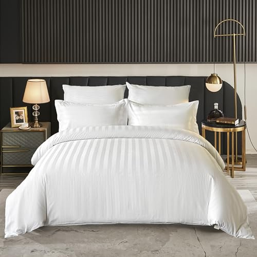 Amolavet Hotel Bedding Duvet Cover Full Size Cotton White Satin Striped Textured with Zipper - Duvet Cover Full 3 Pcs Set 79x90 - Comforter Cover/Quilt Cover Full Size