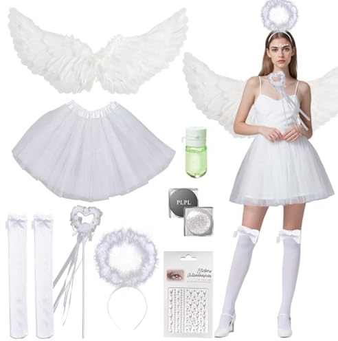 Huahuanghui Disfraz De Ángel Para Mujer: Alas De Ángel Con Halo y Varita Mágica, Falda De Tul, Alas y Demonio Para Halloween, Carnaval, Cosplay, Fiesta De Disfraces
