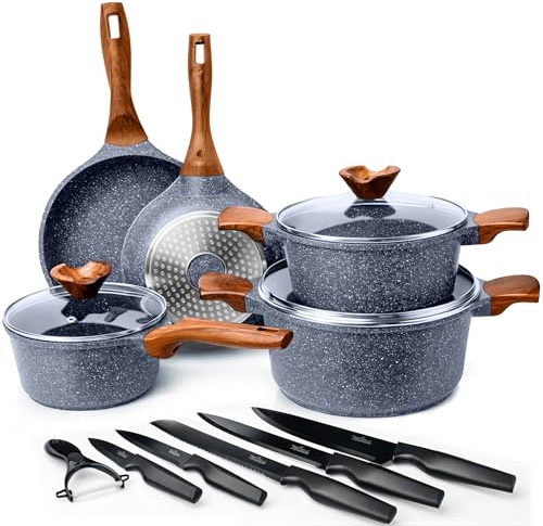 La Moustache - Batería de Cocina de Aluminio con Antiadherente | 8 Piezas Amalfi + 5 Cuchillos Negros Inoxidables con Pelador de Verduras, Ollas/Sartenes para Todas las Cocinas, Incluso Inducción