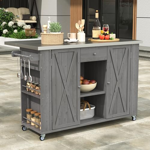 Isola da cucina per esterni, in legno massello con piano di lavoro pieghevole in acciaio inossidabile, ampio contenitore, portasciugamani e ruote bloccabili, perfetta per patio e barbecue (grigio)