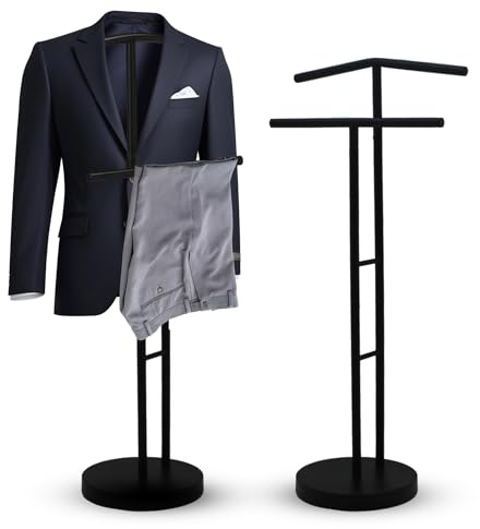 Muntel Herrendiener mit Kleiderbügel, Hosenbügel und Ablage, Stilvoller Kleiderständer, für Schlafzimmer,Dressboy, Schwarz,Stahl
